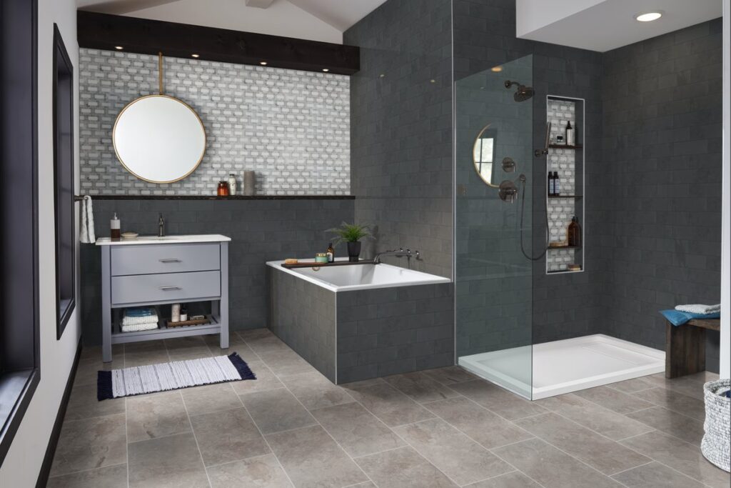 Contemporary bathroom with grey tile and walk-in shower