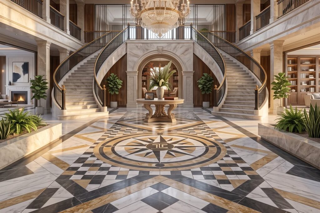Grand entryway with patterned marble floor medallion