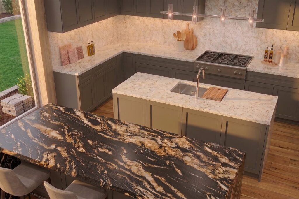 Kitchen with dramatic black and gold granite island
