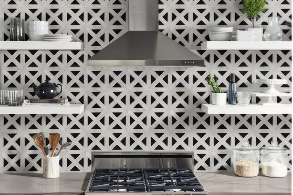 Modern kitchen with patterned tile backsplash