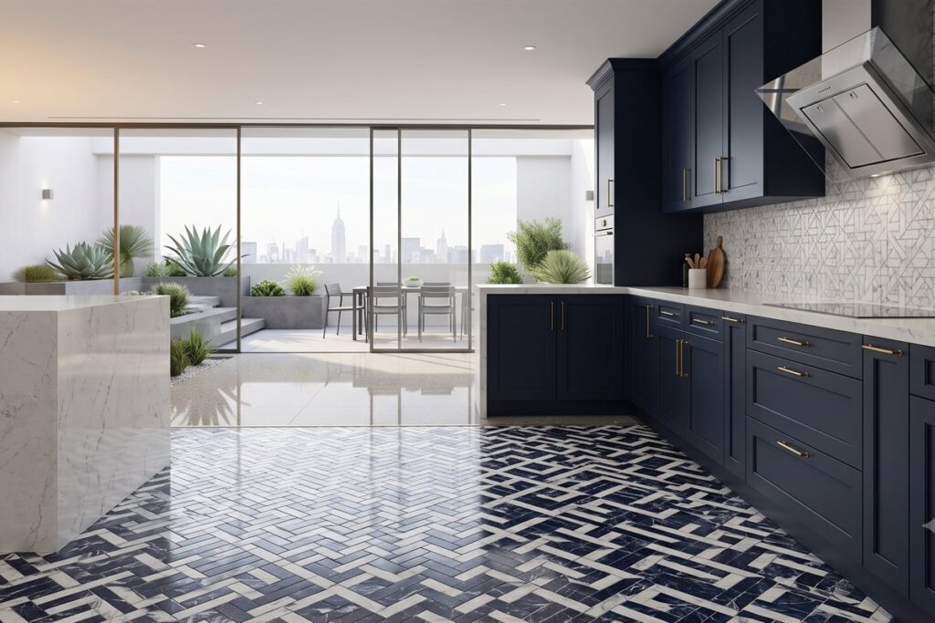 Navy kitchen with marble island and patterned tile floor