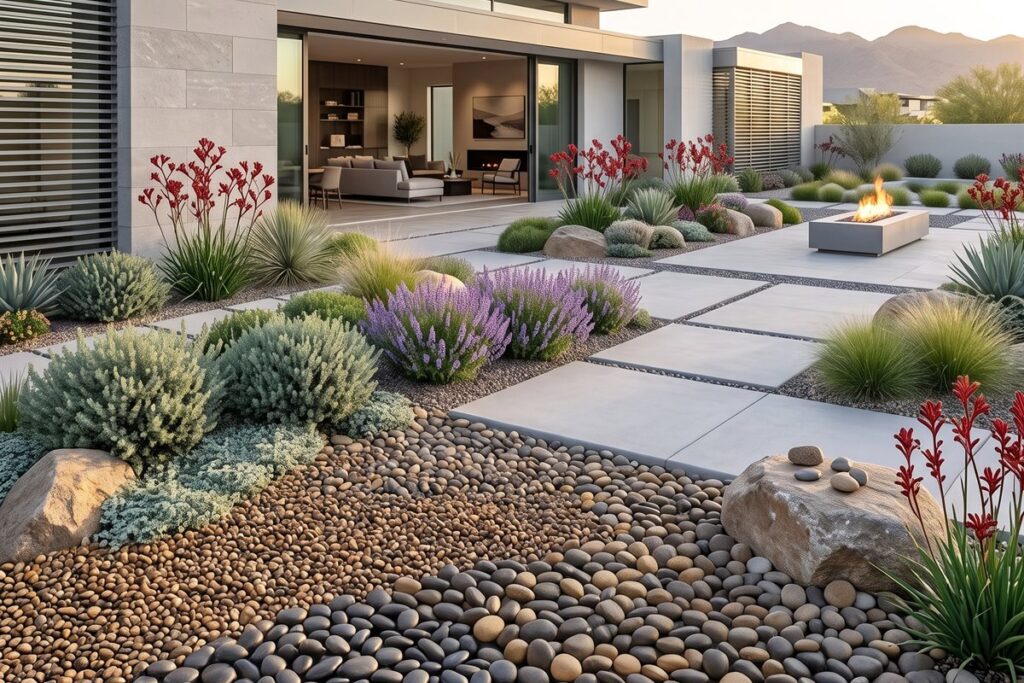Landscaped garden with decorative pebbles and pavers