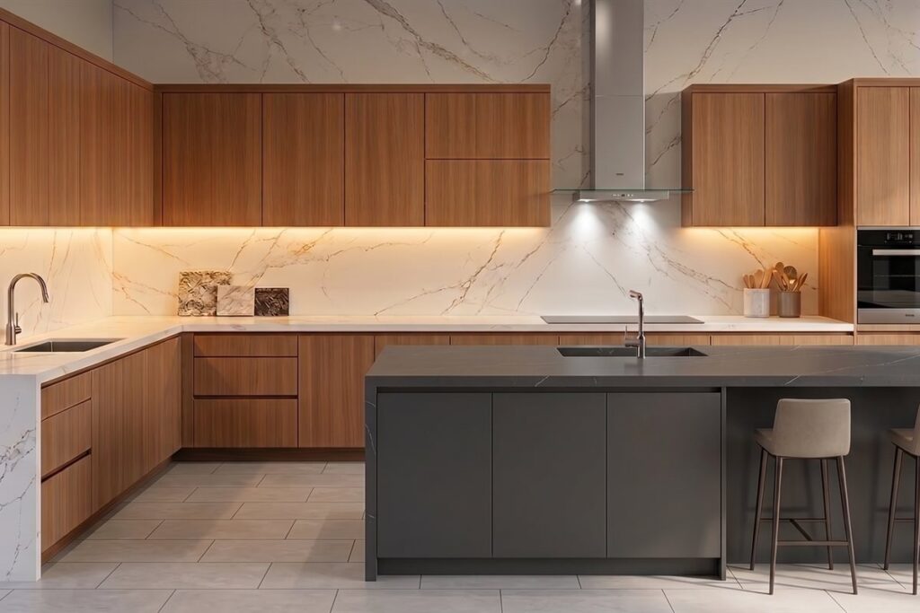 Wood kitchen with white quartz waterfall island