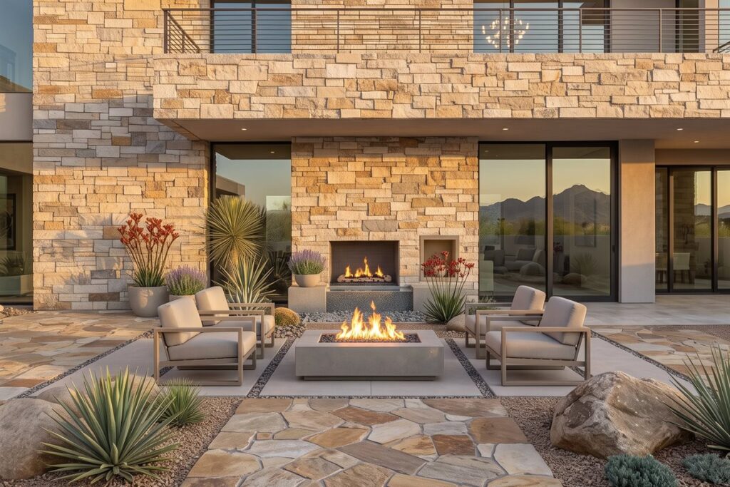 Stone-clad house exterior with fire pit patio